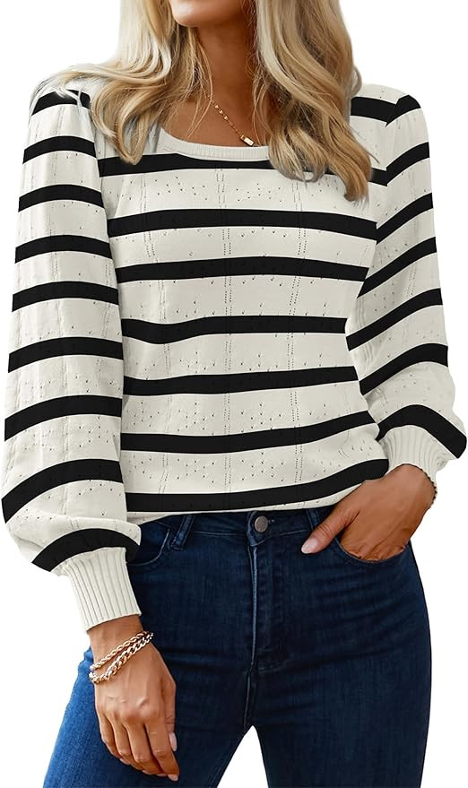 HOTOUCH Womens Sweaters Fall 2024 Trendy Puff Sleeve Tops Casual Knit Square Neck Cute Tunic Pull... | Amazon (US)