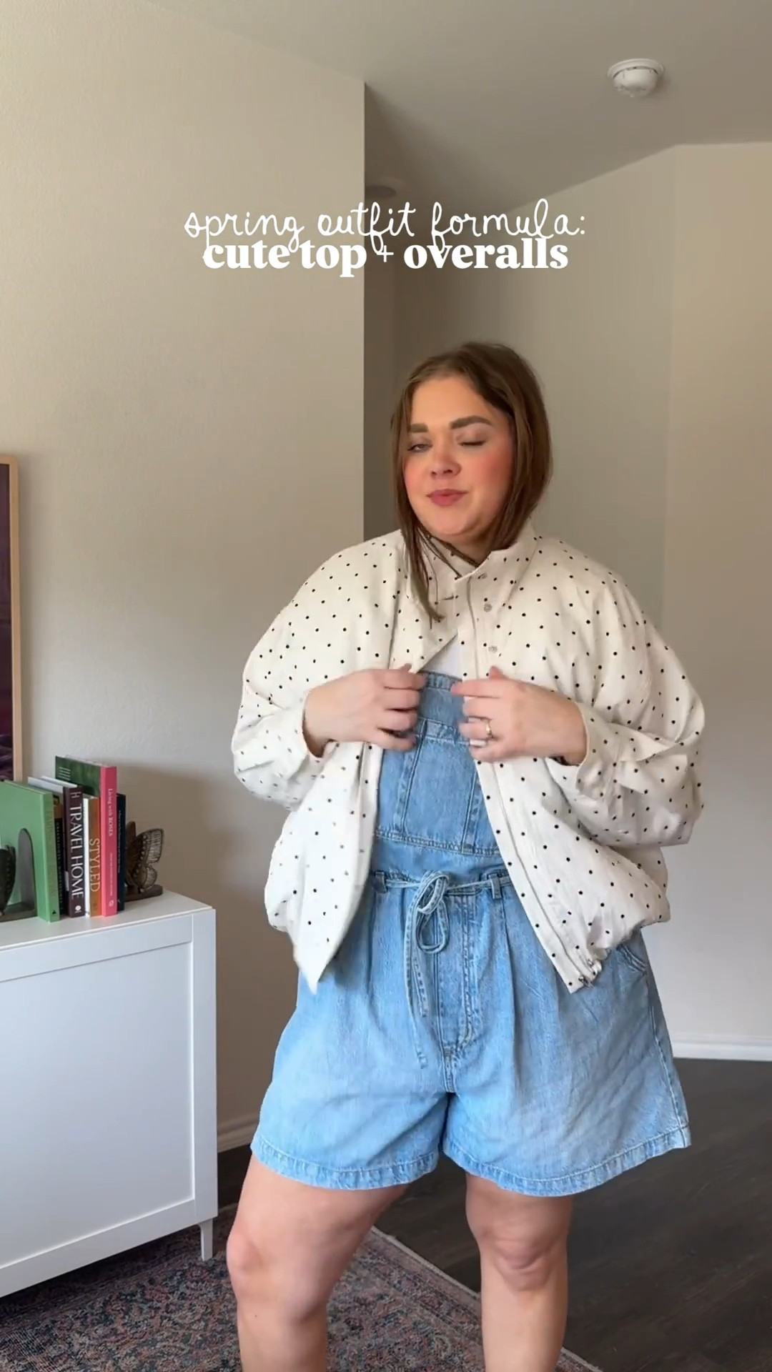 Spring outfit ideas with shortall overalls. Wearing 1x in overalls for a loose fit. Xxl in floral cardi but could size down. Xl in white tank and large in polka dot jacket. Xxl in purple sweatshirt  

#LTKMidsize #LTKgrwm #LTKPlusSize