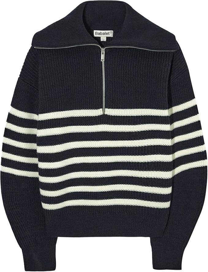 Babalet Womens Striped Knitted Lapel V Neck Zip Collar Pullover Sweater | Amazon (US)
