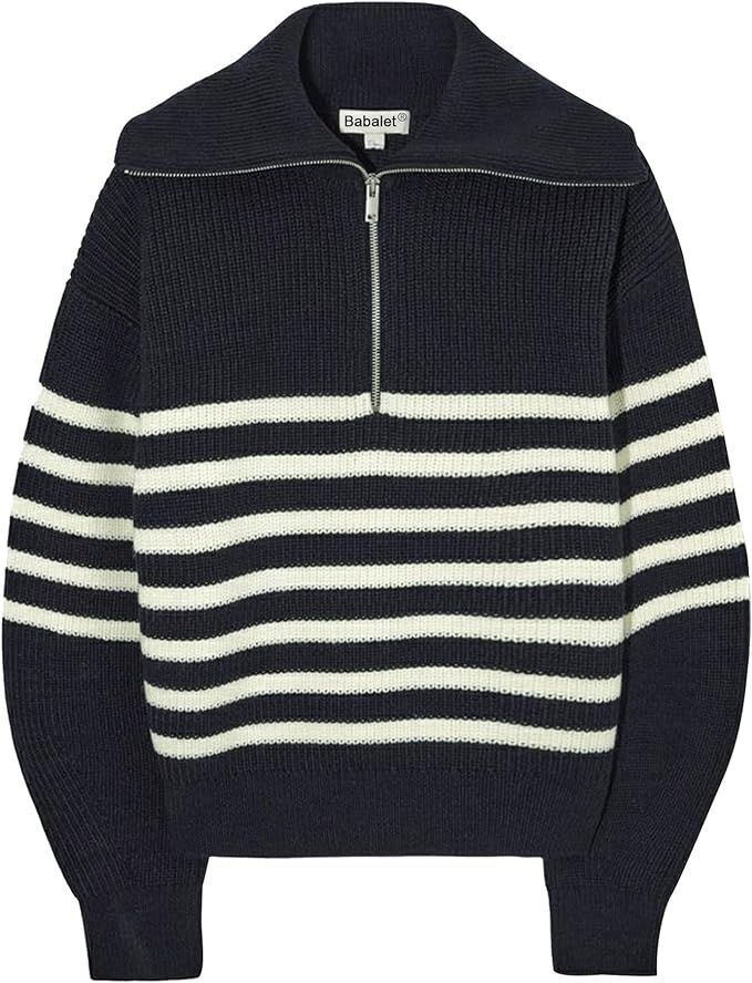 Babalet Womens Striped Knitted Lapel V Neck Zip Collar Pullover Sweater | Amazon (US)