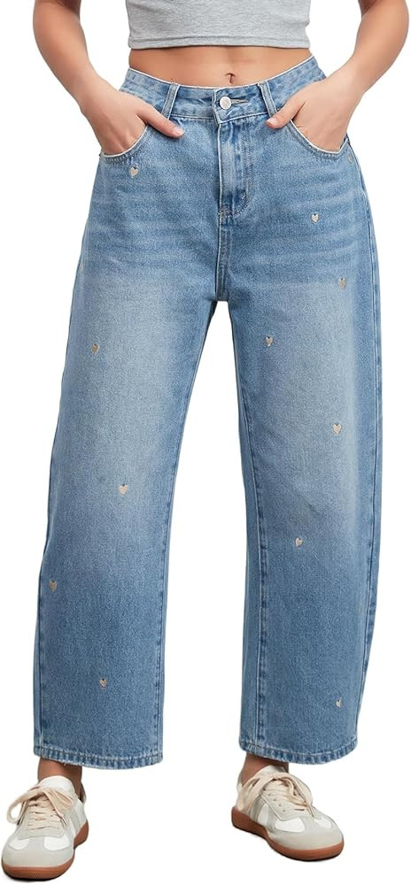 Women's Wide Leg Baggy Jeans Boyfriend Straight Leg Tapered Jeans Embroidered Heart Ankle Denim P... | Amazon (US)