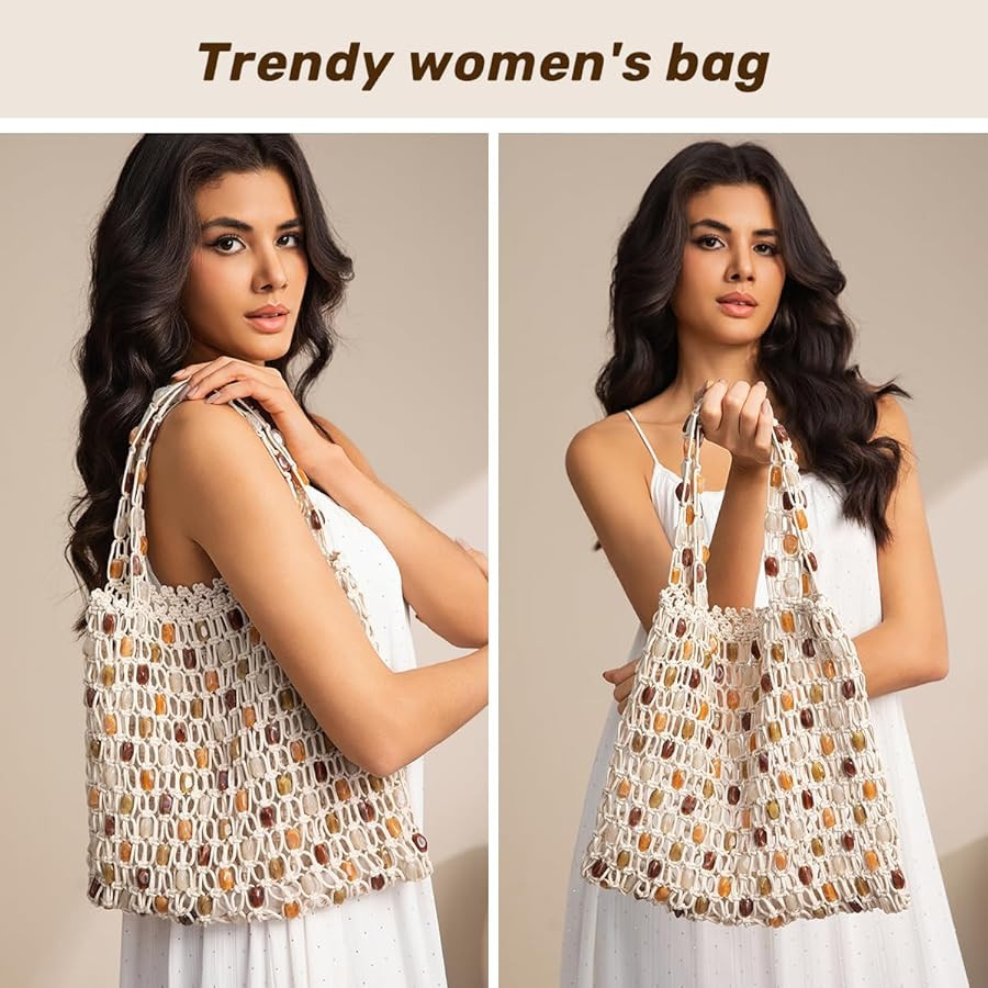 Boho Crochet Shoulder Bag for Women, Colorful Beaded Beach Tote Handbag - Lightweight Summer Knit... | Amazon (US)