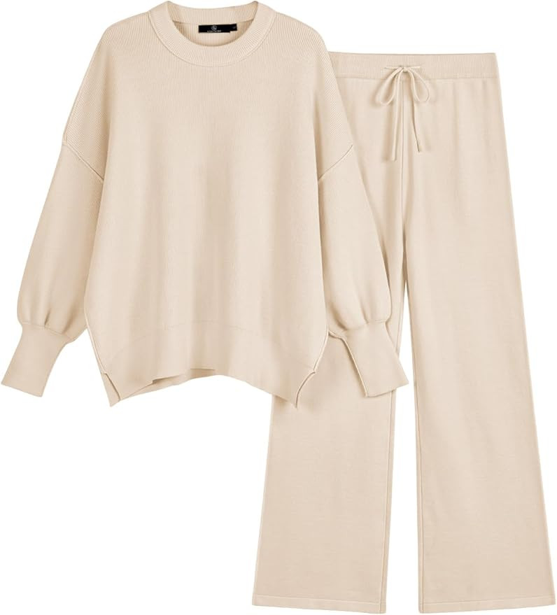 LILLUSORY Women 2 Piece Outfits Sweatsuit Oversized Knit Pullover Sweater Tops Wide Leg Pants Lou... | Amazon (US)