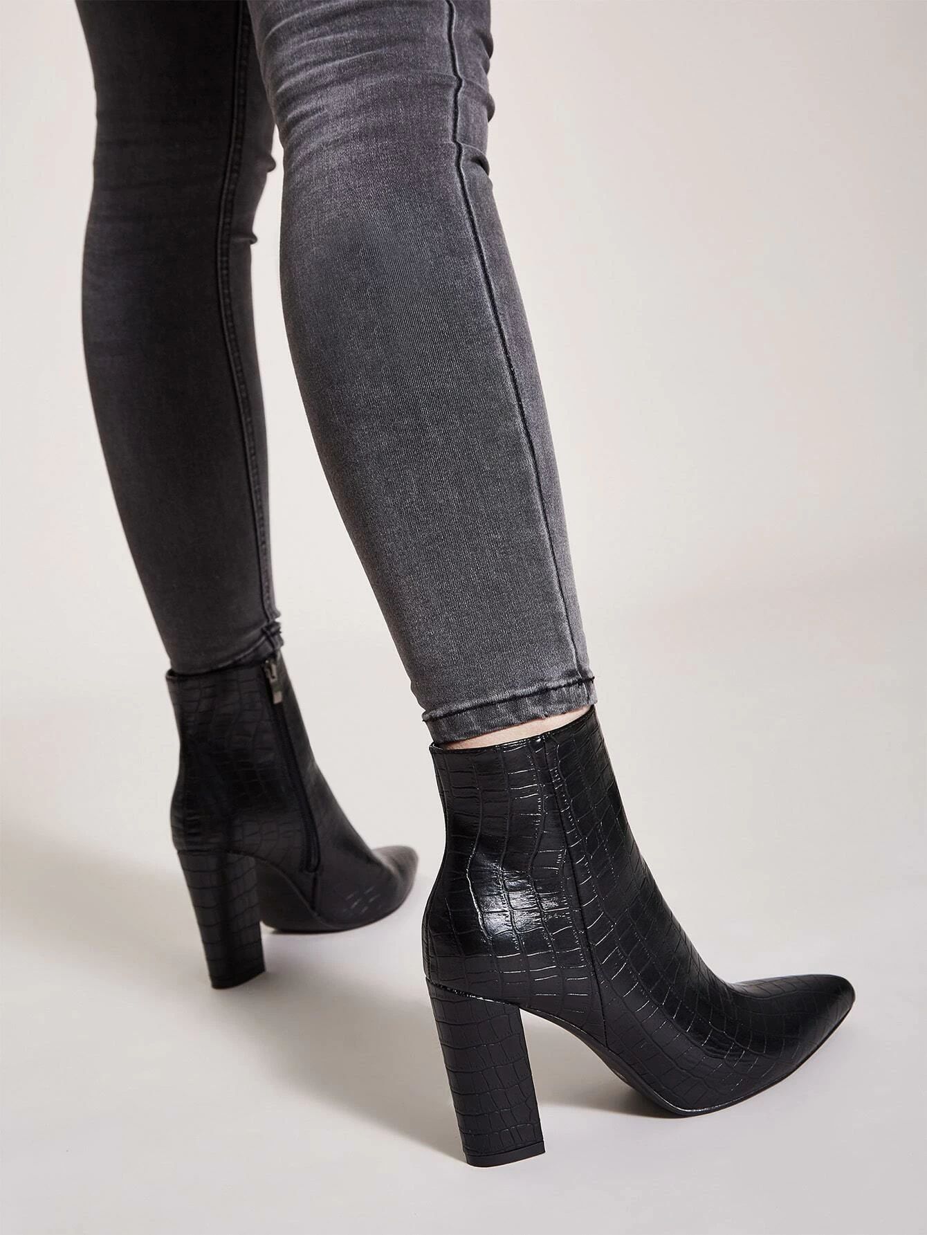 Point Toe Side Zip Croc Chunky Boots | SHEIN