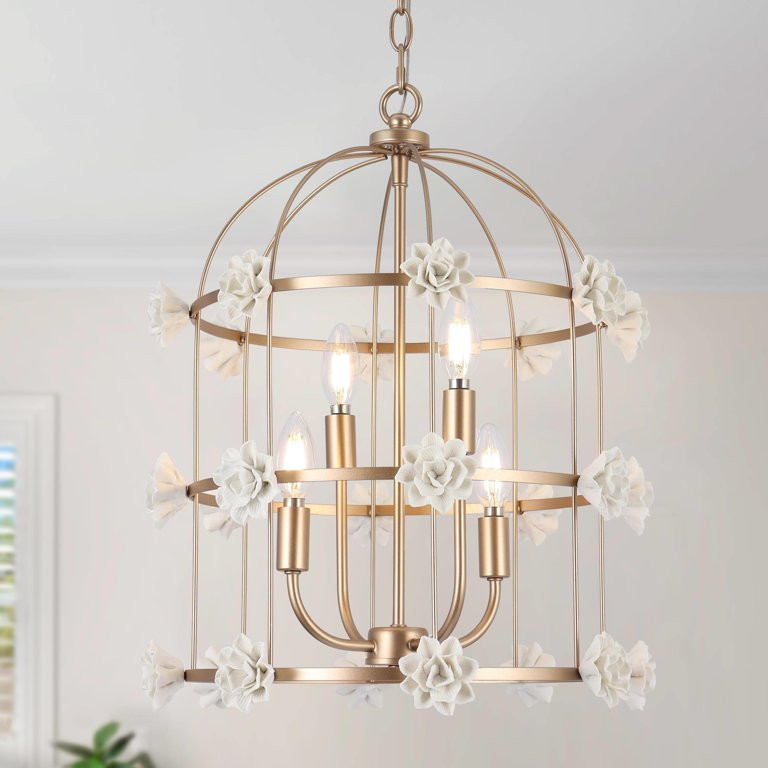 Veitchii Modern Glam  Bird Cage Gold Chandelier 4-light with White Ceramic Gardenia - Walmart.com | Walmart (US)