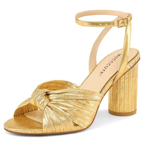 MUCCCUTE Gold Heels with Bow Heeled Sandals Chunky Heels for Women Open Toe Ankle Strap Wedding Bridal Dressy Sandal Size 9.5 | Amazon (US)