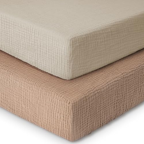 Muslin Crib Sheets for Girl Boy, 100% Cotton Baby Crib Sheets for Standard Crib and Toddler Mattress 52"x28", 2 Pack Soft Breathable Fitted Crib Mattress Sheet, Beige & Bown | Amazon (US)