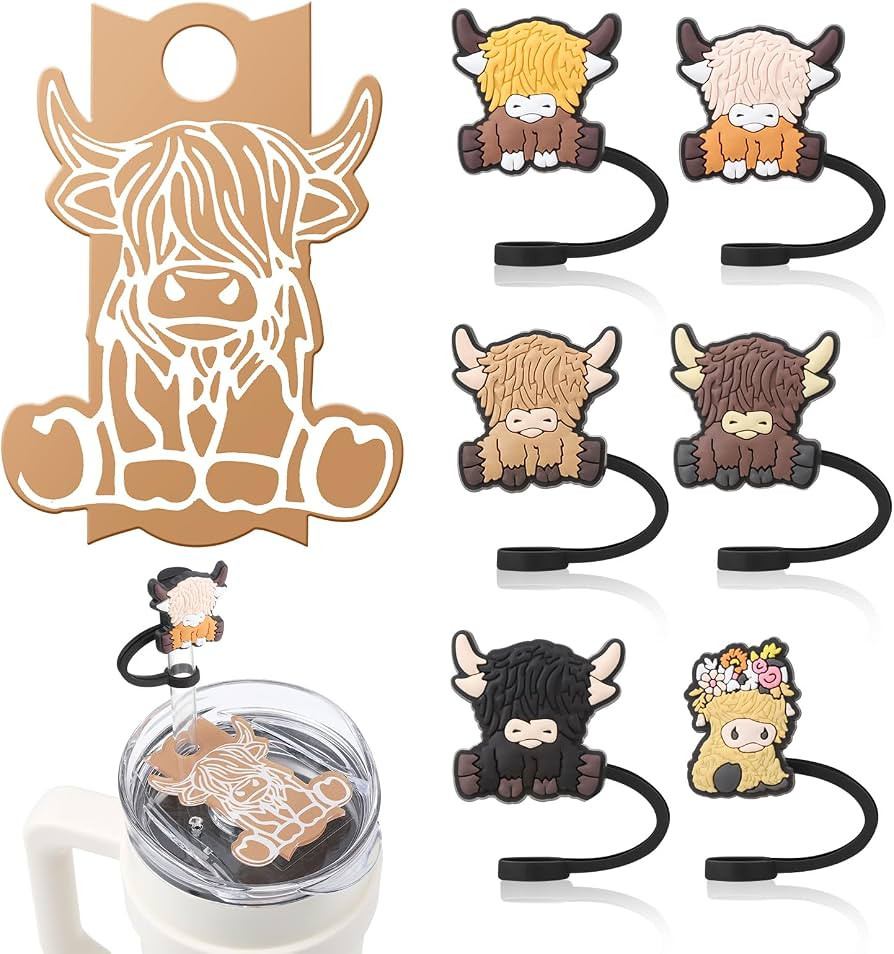 7 Pcs Highland Cow Straw Cover Caps Compatible with Stanley Cup,Silicone Cute Reusable Straw Topp... | Amazon (US)