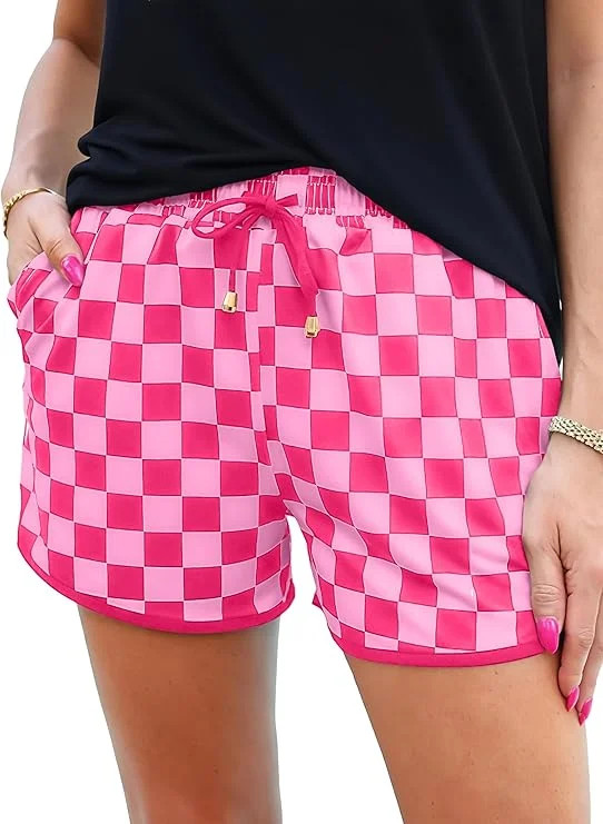 JWD Women's Checkered Shorts Elastic Waist with Drawstring Plaid Short Pants Beach Summer with Po... | Walmart (US)