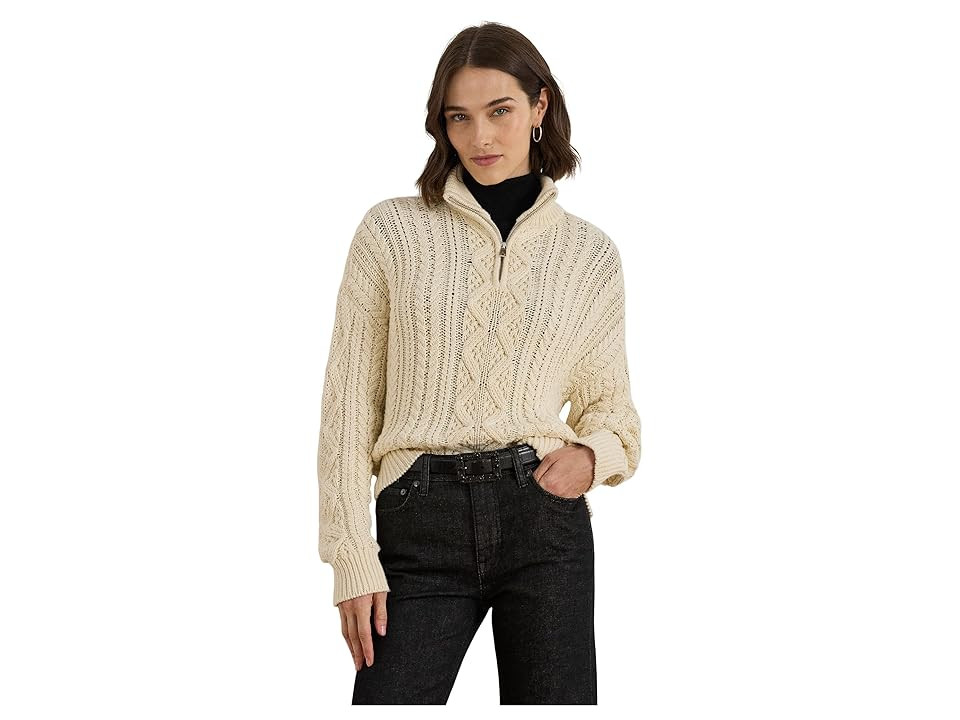 Lauren Ralph Lauren Aran-Knit Cotton Quarter-Zip Pullover Women's Sweater Mascarpone Cream : XL | Zappos