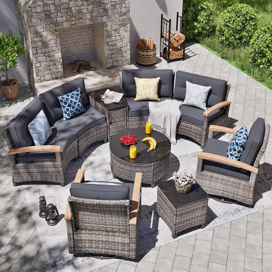 9-Piece Outdoor Patio Furniture Set, Half-Moon Curved Sectional Set with Wood Armrests, Patio Con... | Amazon (US)