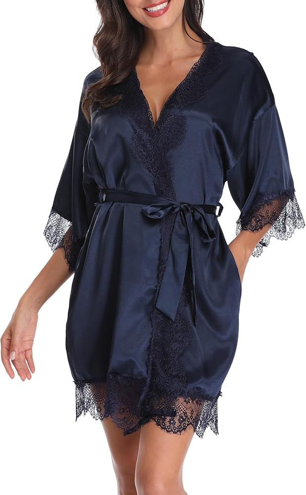 Women's Satin Robe with Lace Trim Sexy Short Silk Bridal Robes for Bride Bridesmaids Wedding Ligh... | Amazon (US)