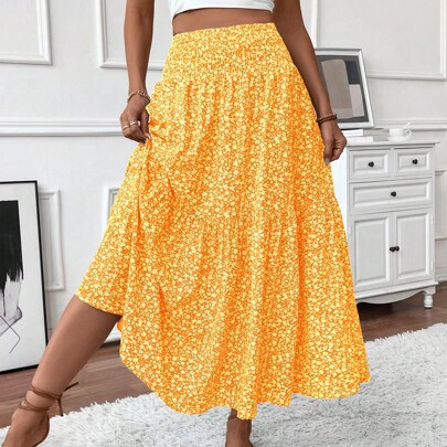 Women's Maxi Skirt Tiny Floral Casual Elastic Waist With Pockets Ruffled Hem Ladies Summer A-Line Long Skirts | SHEIN