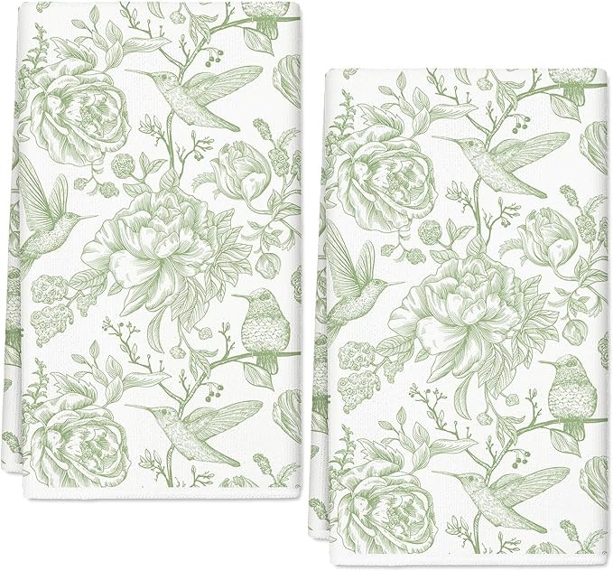 AnyDesign Green Floral Kitchen Towel Flower Birds Dish Towel 18 x 28 Inch Hand Drying Tea Towel f... | Amazon (US)