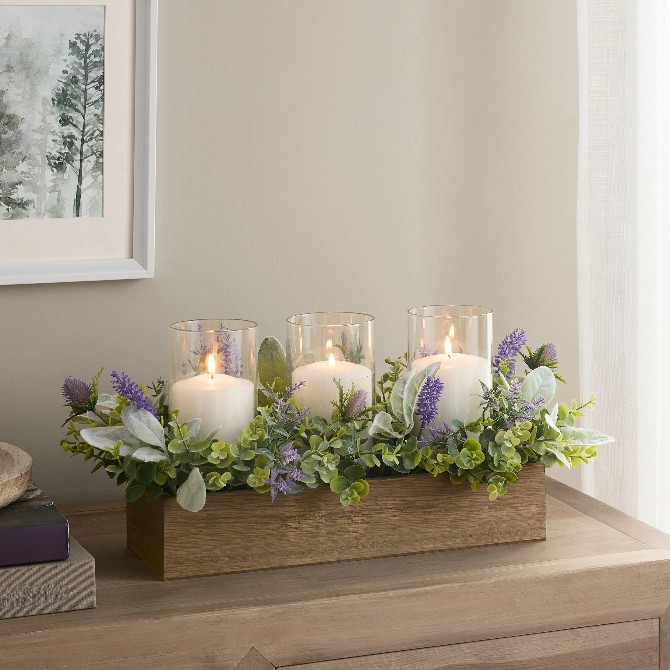 Mainstays Decorative Pillar Candleholder Centerpiece with Faux Lavender and Brown Wooden Box, 9" | Walmart (US)