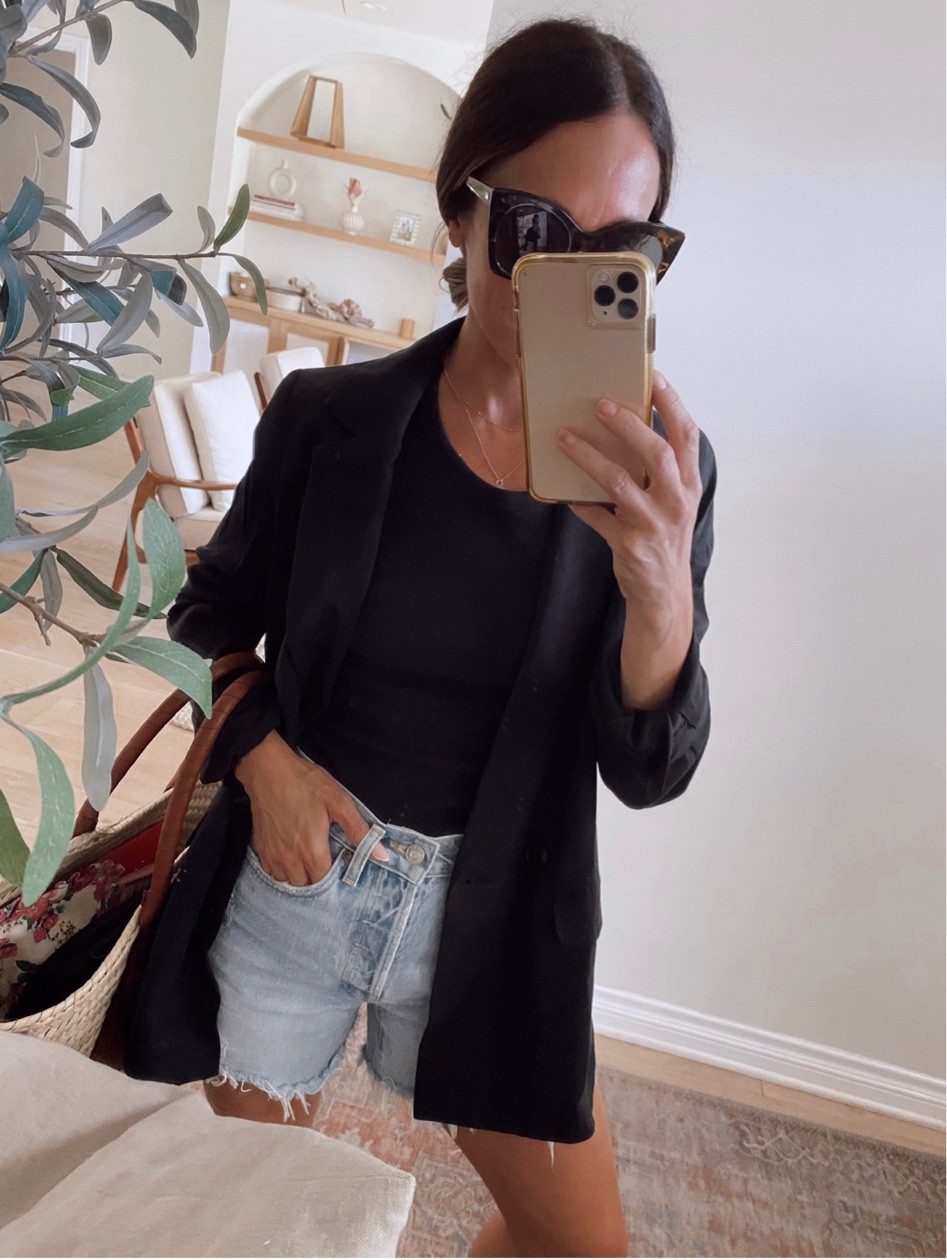 Spring outfit with a black blazer/ love this one- runs oversized while not being overwhelming 
Cut off shorts (I took my smaller size) 
Large straw bag is on sale 

#LTKstyletip #LTKsalealert
