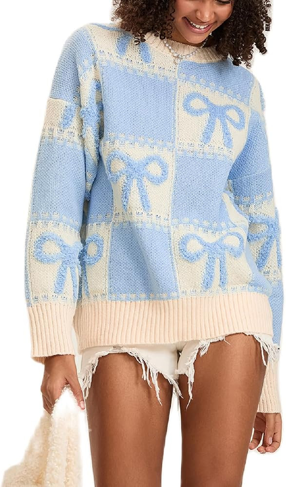 Women Bow Graphic Sweater Long Sleeve Y2k Bow Print Oversized Knitted Pullover Crew Neck Contrast... | Amazon (US)