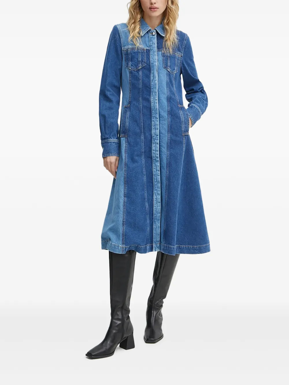 Stine Goya panelled midi shirt dress - Blue | Farfetch Global