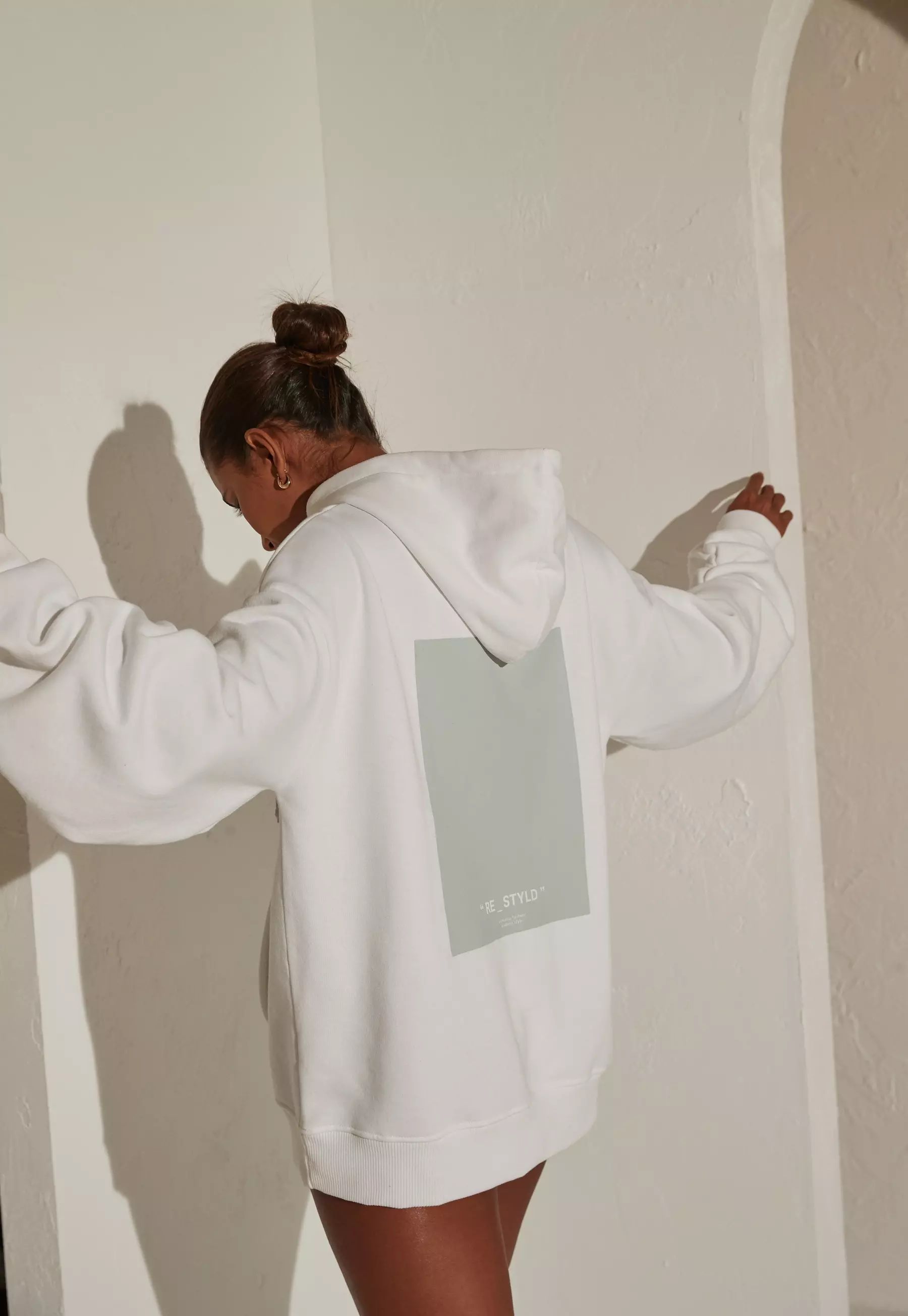 Re_Styld White Graphic Back Ruched Sleeve Hoodie | Missguided (UK & IE)
