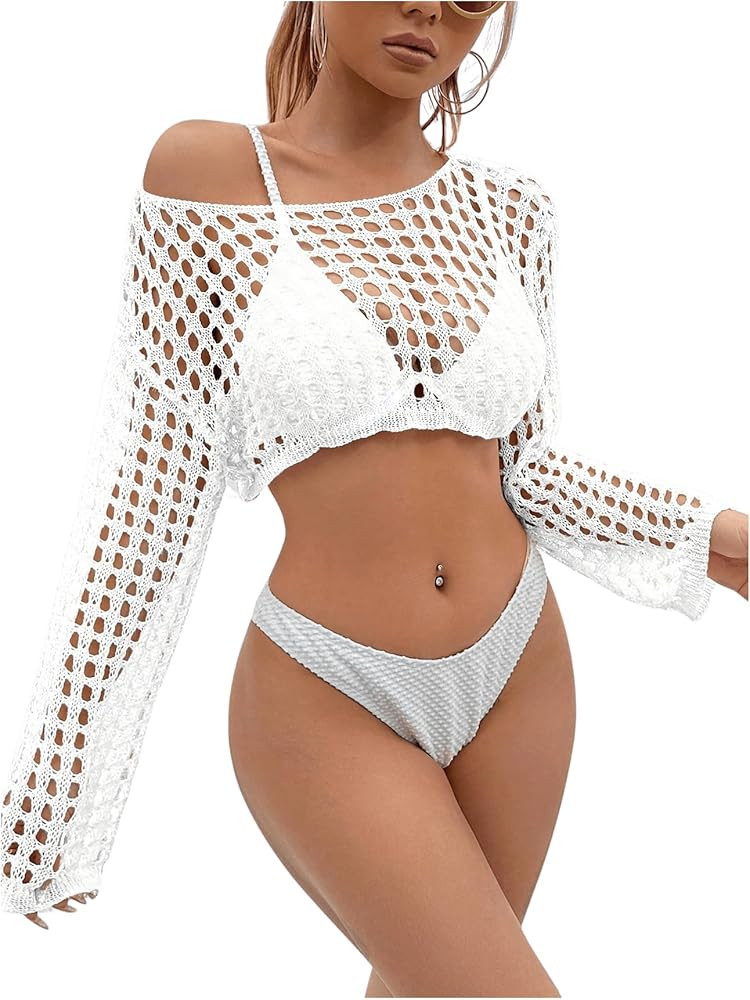 SHENHE Women's Hollow Out Crochet Beach Cover Up Sheer Long Sleeve Crop Beach Top | Amazon (US)
