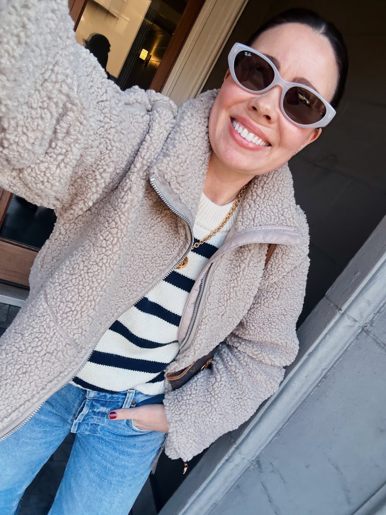 Nautical stripes and fleece. Vintage Chanel necklace. Sweater is old La Ligne  

#LTKootd #LTKSeasonal #LTKOver40