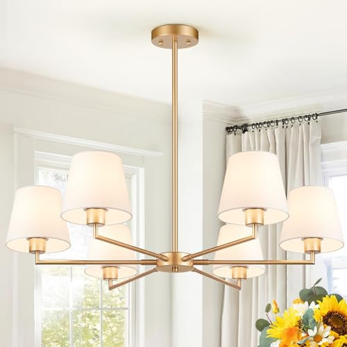 36" Gold Dining Room Light Fixture, No Assembly Required 6-Lights Kitchen Chandelier for Dining Room with White Fabric Shade, Chandelier Ceiling Light Fixture for Kitchen Island Bulb Not Included | Amazon (US)