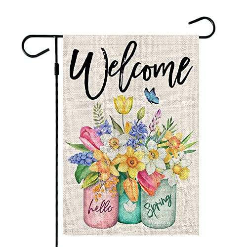 CROWNED BEAUTY Spring Garden Flag Floral Mason Jar Double Sided 12X18 Inches Burlap for Outside Seasonal Yard | Amazon (US)
