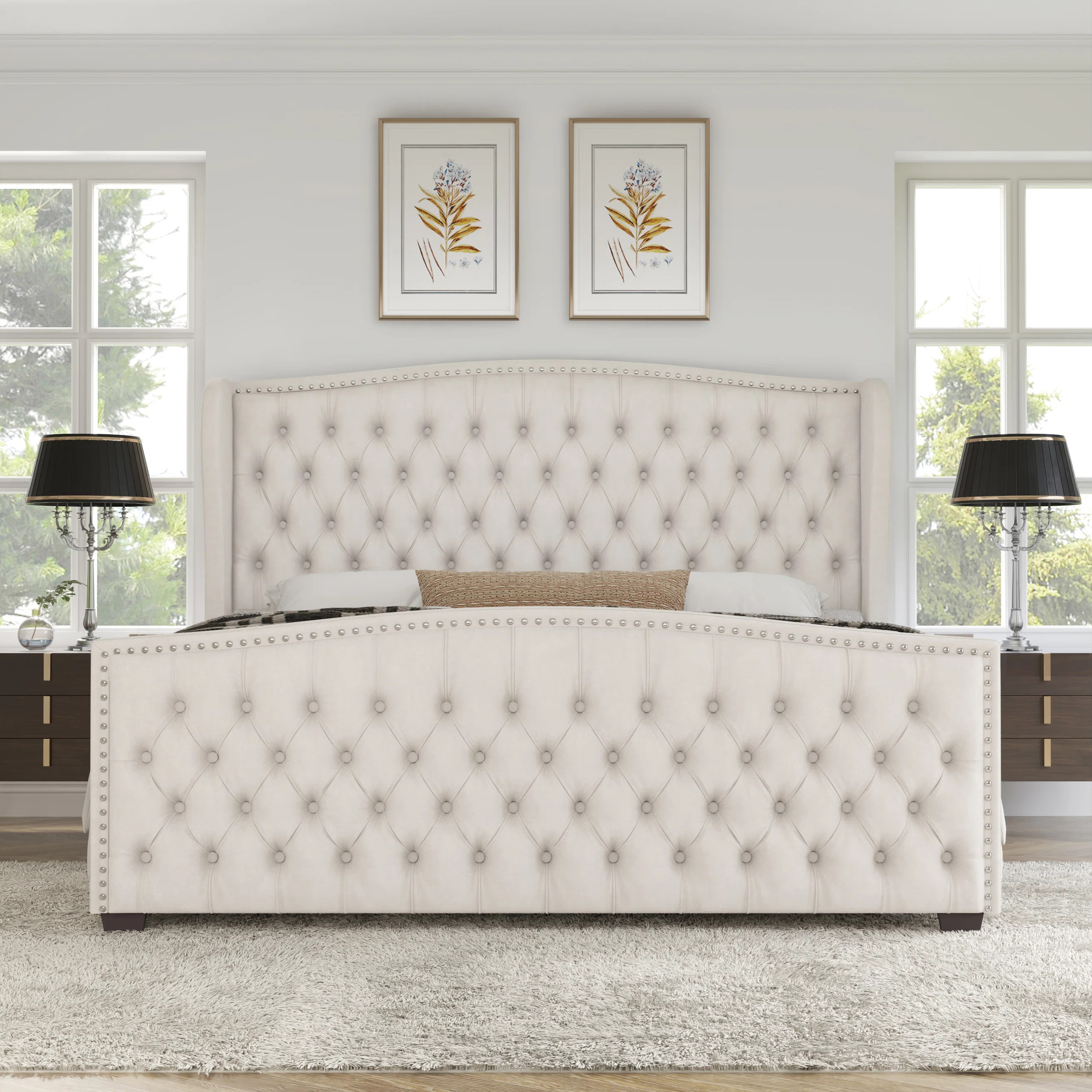 DuJuan Deep Button Tufted Upholstered King Bed with Nailhead Trim Wingback Headboard, Cream | Wayfair North America