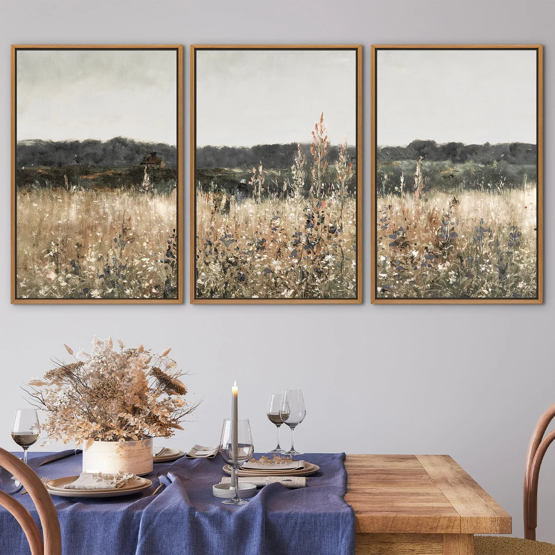 Set of Three Wildflower Field Landscape Oil Painting Large Wall Art Print, Framed Canvas Nature W... | Etsy (US)