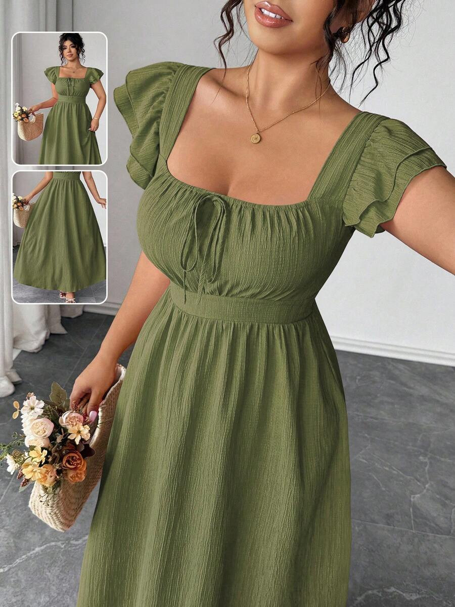 Elenzga Plus Size Women Bowknot Front Tie Back Ruffle Trim Square Neck Fitted Waist Elegant Casua... | SHEIN