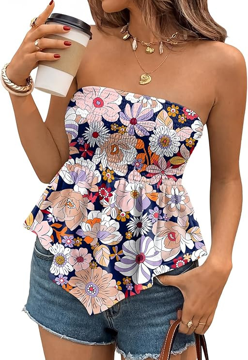 LILLUSORY Women Floral Elastic Trim Ruffle Hem Tube Strapless Tops Peplum Sleeveless Bandeau Tank... | Amazon (US)