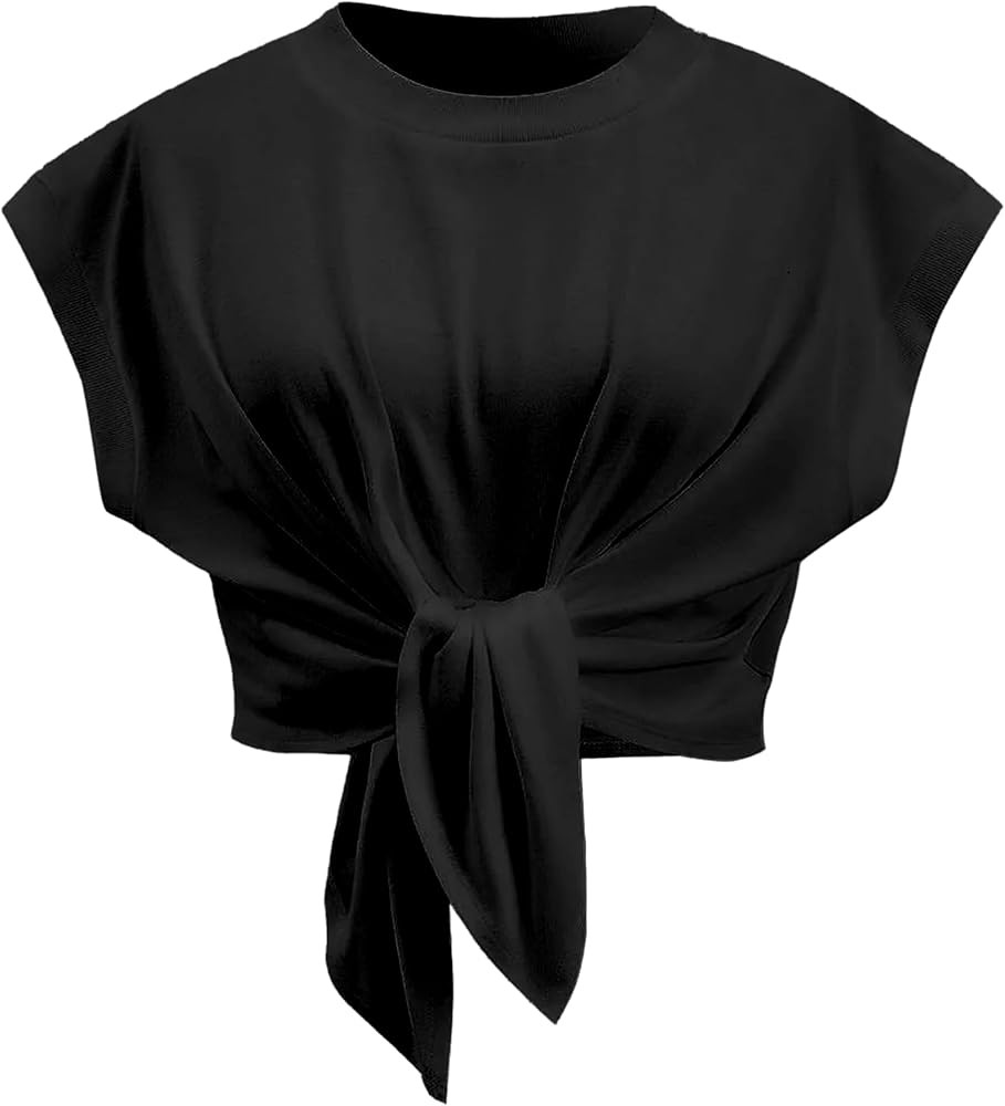 Tank Top for Women Crew Neck Cap Sleeve Tie Front Pullover Ruched T-Shirt Tops Summer Beach Crop ... | Amazon (US)