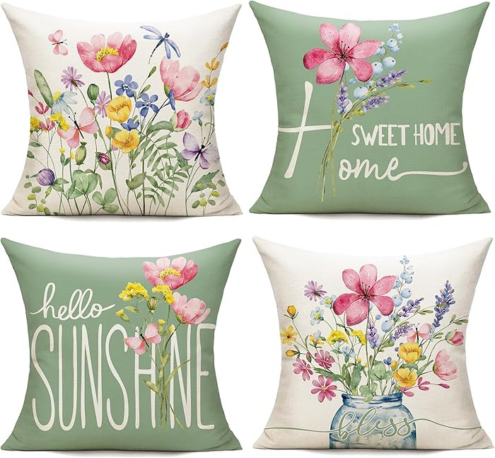 Outdoor Throw Pillow Covers 18x18 Set of 4 Spring Summer Garden Flowers Farmhouse Patio Decorativ... | Amazon (US)