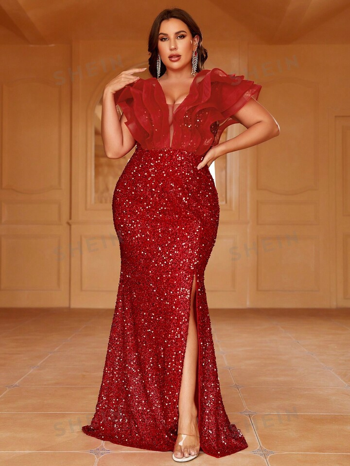 Plus Ruffle Trim Split Thigh Sequin Formal Dress | SHEIN