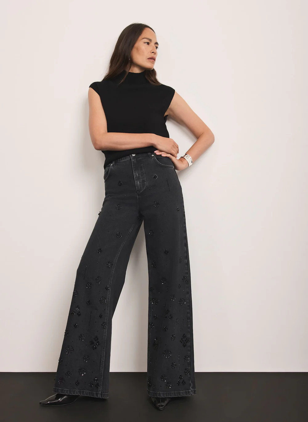 Washed Black Embellished Wide Jeans | Mint Velvet