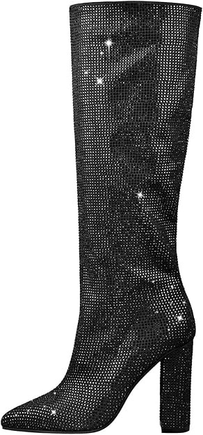 Richealnana Women's Rhinestones Block Heel Long Boots Pointed Toe Knee High Booties For Party Pro... | Amazon (US)