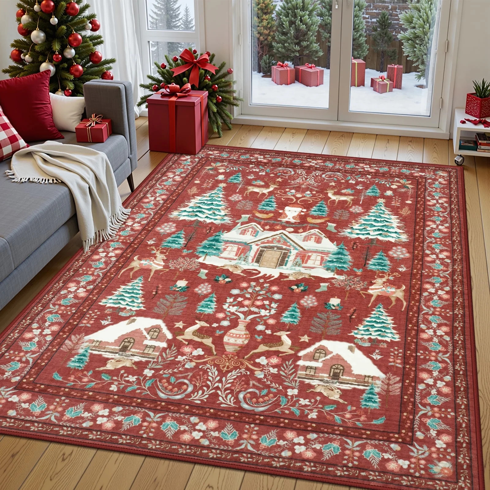 Moynesa 5'x7' Christmas Rug, Washable Non-Slip Area Rug, Soft Vintage Holiday Rug for Living Room... | Walmart (US)