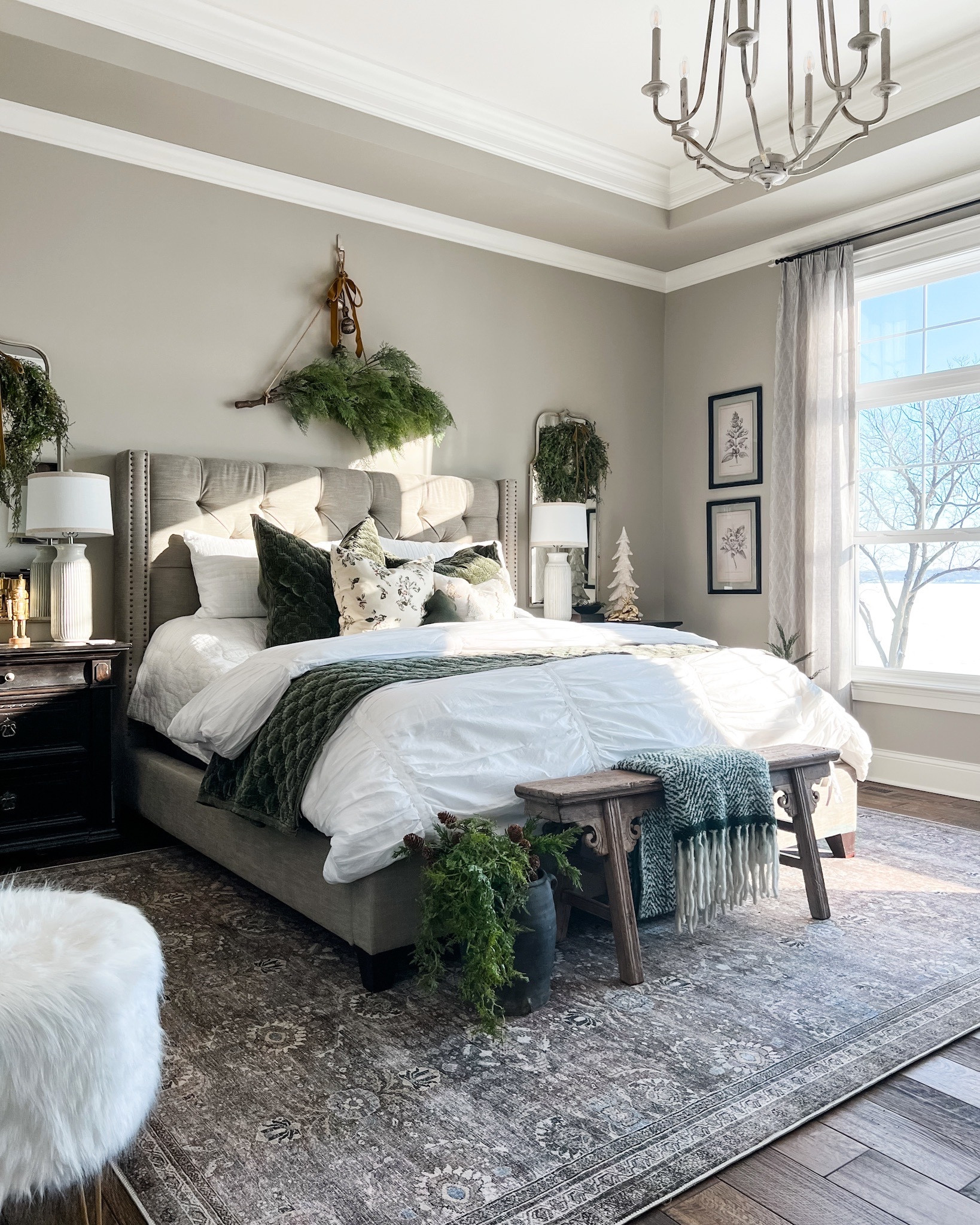 Winter holiday neutrals in my bedroom. 

Bed linens, velvet quilts, cedar wreaths, bedroom rugs, Loloi rugs, bedroom chandelier, bedroom mirrors, fur stools, vintage bench, bedroom furniture, upholstered beds, holiday decor, wall art  

#LTKHoliday #LTKhome #LTKstyletip