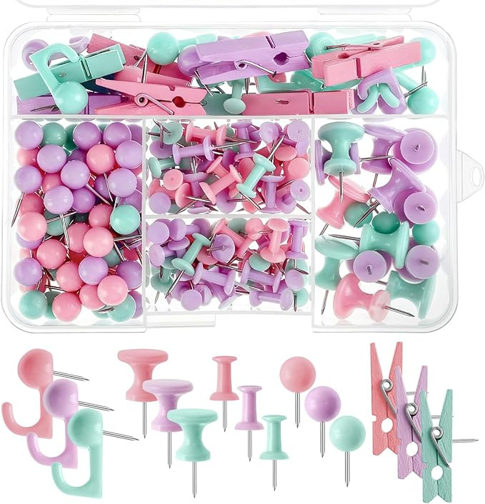 200 Pieces Push Pins Set, 5 Types Colorful Thumb Tacks Cute Decorative Push Pins for Wall Cork Bo... | Amazon (US)