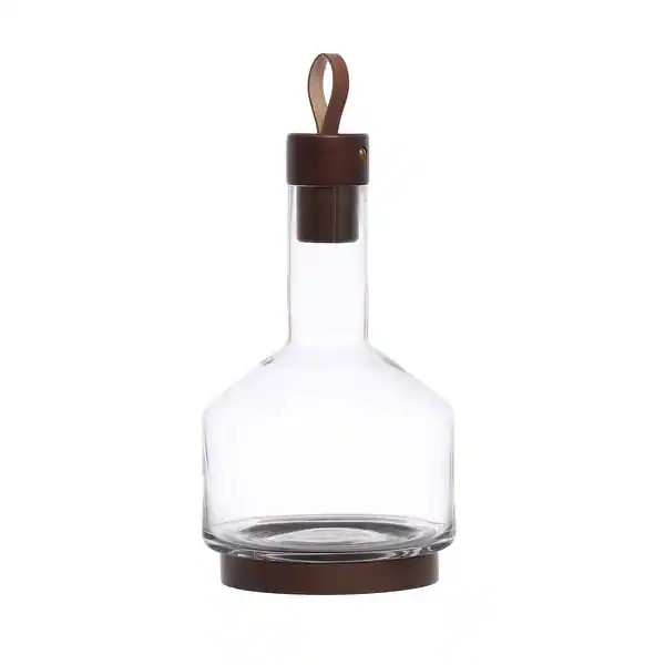 Glass Carafe with Acacia Wood Base, Stopper, and Leather Pull - 5.9"L x 5.9"W x 10.5"H - 5.9"L x ... | Bed Bath & Beyond