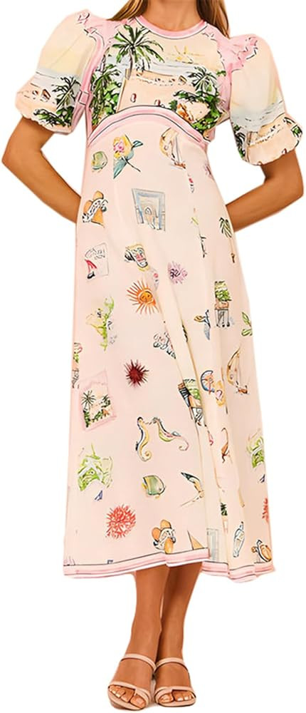 Women's Short Puff Sleeve O Neck Printed Bodycon Sexy Nightclub Vacation Beach Dress | Amazon (US)