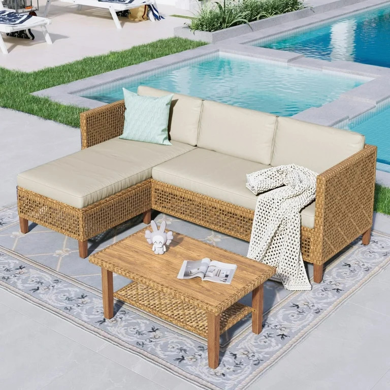 Sophia & William Wicker Patio Furniture Conversation Set Boho Style Outdoor Sofa with Wood Coffee... | Walmart (US)