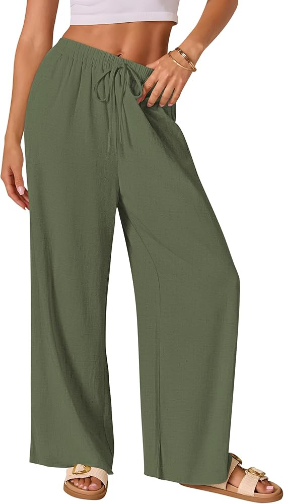 AISEW Women's Cotton Linen Palazzo Pants Drawstring Elastic Waist Casual Wide Leg Long Lounge Tro... | Amazon (US)