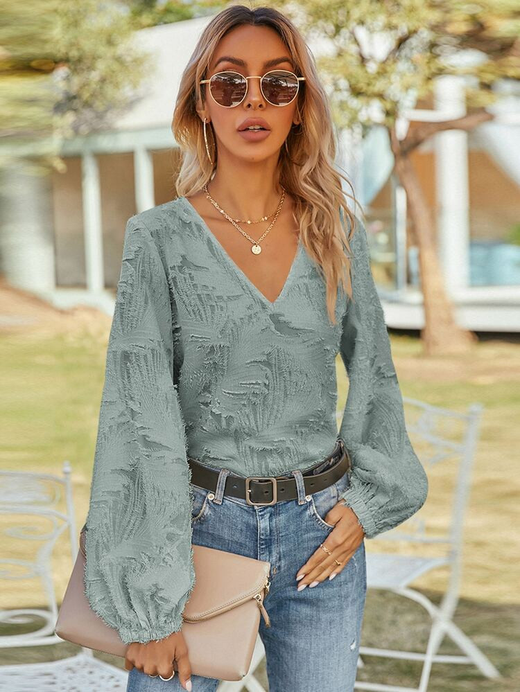 V-neck Curved Hem Blouse | SHEIN