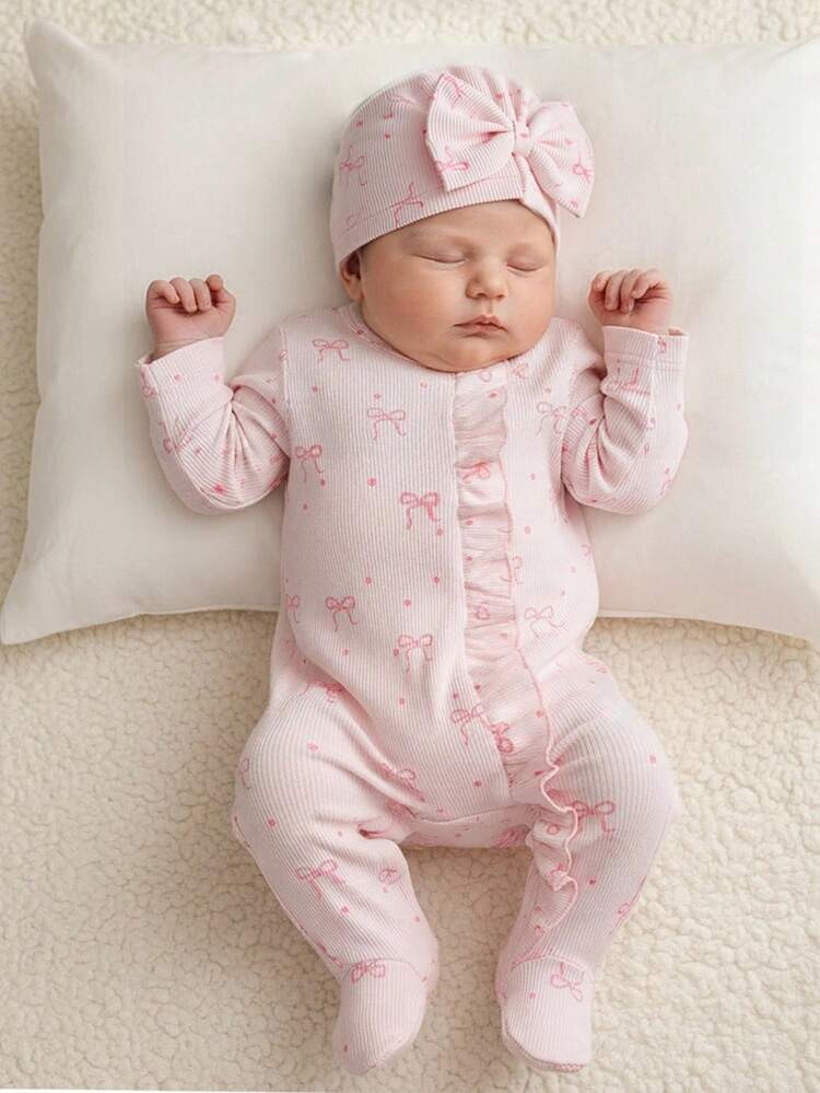 Newborn Infant Bow Print Cute Baby Jumpsuit + Hat, Autumn/Winter | SHEIN