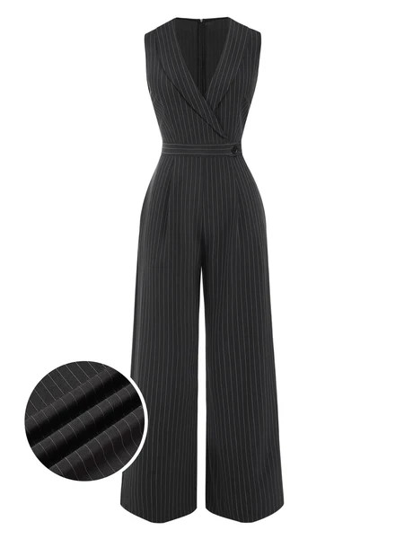 Gray 1940s Pinstripes Sleeveless Lapel Jumpsuit | Retro Stage