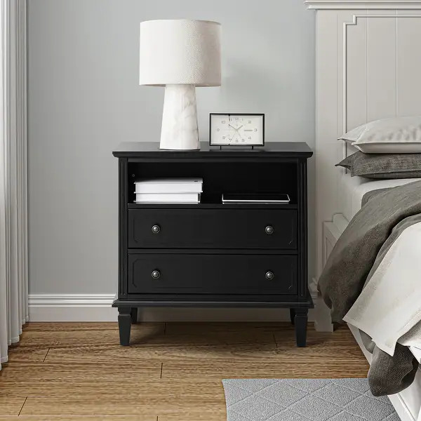 Kamilo Traditional 28.25 inch Wide Nightstand Table Open Storage with Built-in Charging Station and 2 Drawers by HULALA HOME | Bed Bath & Beyond