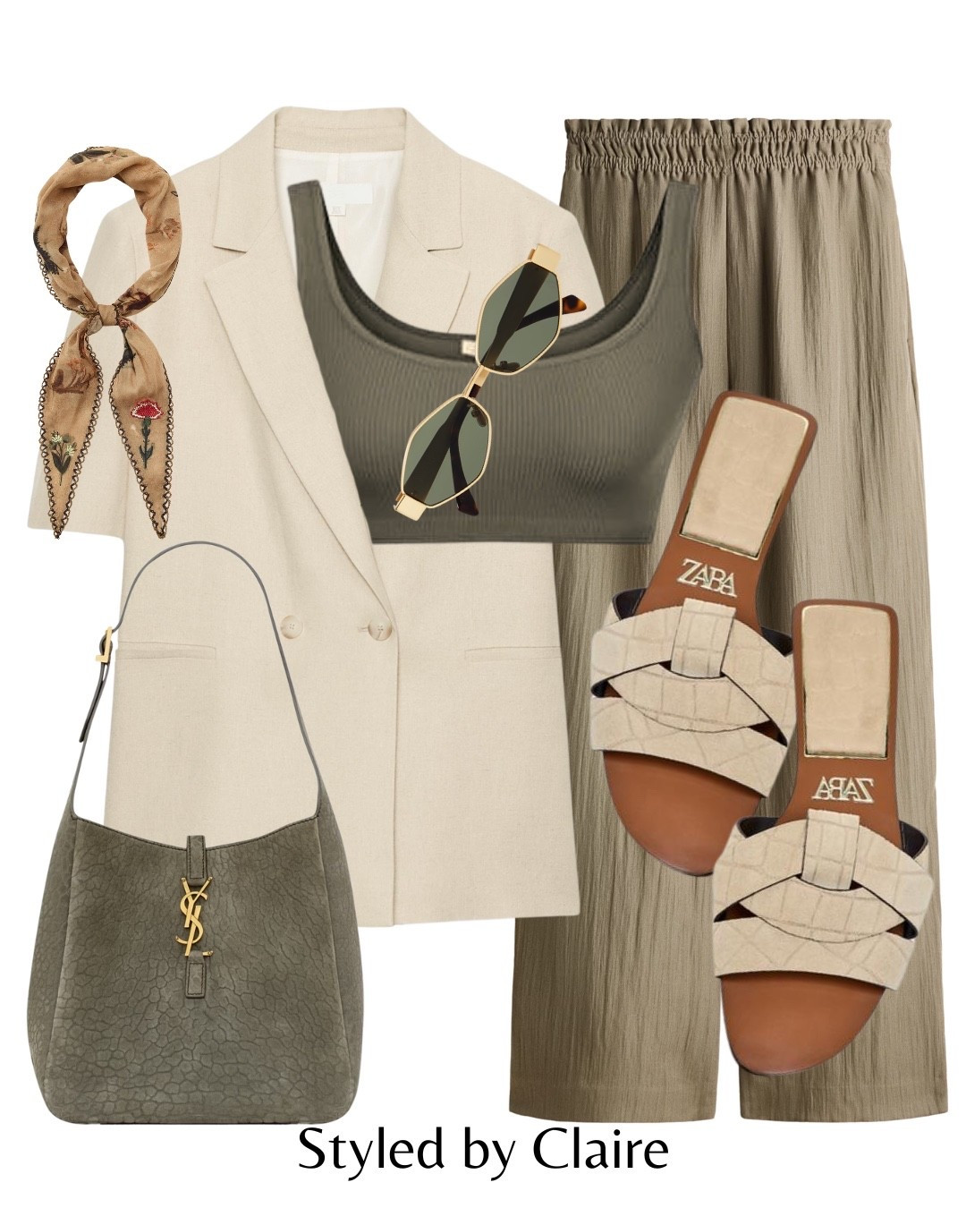 CREAM & OLIVE🧚🏼
Tags: Zara short sleeve blazer neutral khaki wide leg trousers H&M floaty spring crop top flat leather sandals croc print yak saint laurent scarf sunglasses fashion inspo outfit ideas chic women’s style capsule wardrobe basics ootd trends 

#LTKspring #LTKshoes #LTKstyletip