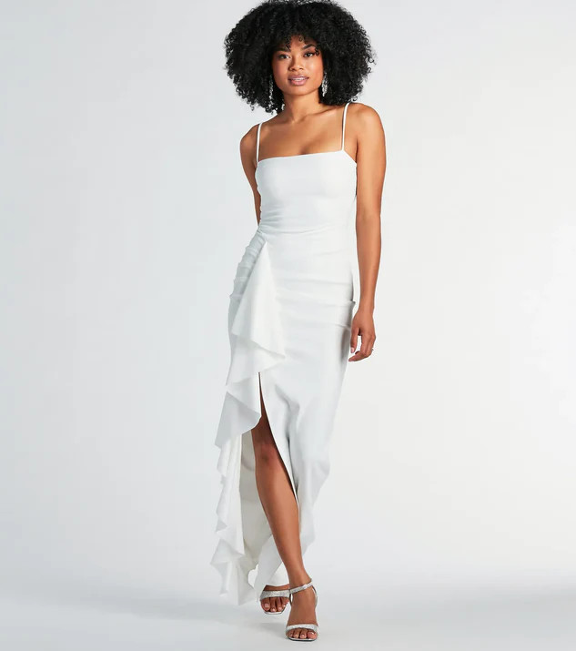 Maggie Ruffled High Slit Crepe Formal Dress | Windsor Stores