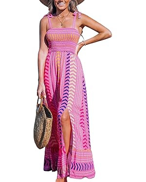 CUPSHE Women's Maxi Dress Straps Paisley Casual Smocked Ruffled Slit A Line Long Beach Summer Dre... | Amazon (US)